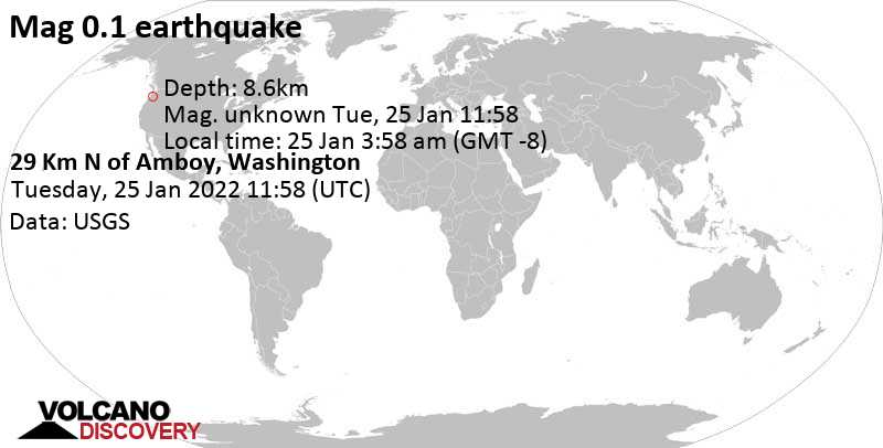 Μικρός σεισμός μεγέθους 0.1 - 29 Km N of Amboy, Washington, Τρίτη, 25 Ιαν 2022 03:58 (GMT -8)