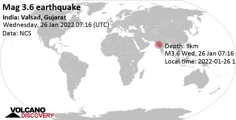 Ελαφρύς σεισμός μεγέθους 3.6 - Γκουτζαράτ, Ινδία, Τετάρτη, 26 Ιαν 2022 12:46 (GMT +5:30)