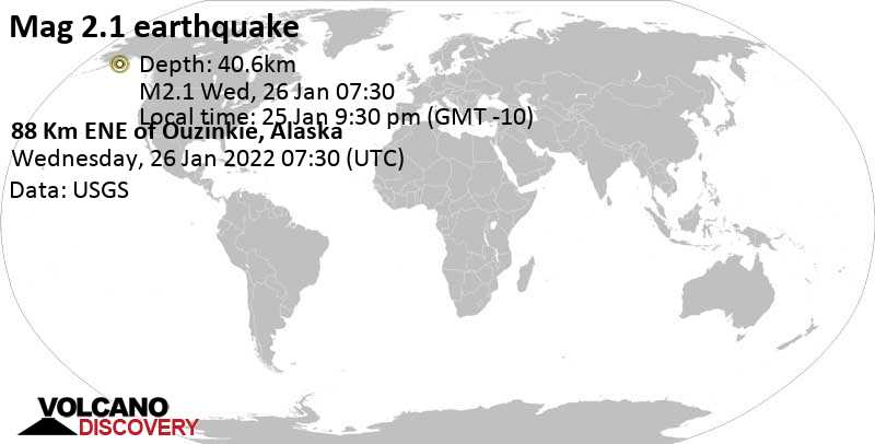 Minor mag. 2.1 earthquake - 88 Km ENE of Ouzinkie, Alaska, on Tuesday, Jan 25, 2022 at 9:30 pm (GMT -10)