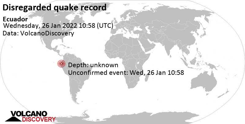Άγνωστο γεγονός (αναφέρθηκε αρχικά ως σεισμός): Provincia del Guayas, 265 km νοτιοδυτικά από Κίτο, Ισημερινός, Τετάρτη, 26 Ιαν 2022 05:58 (GMT -5)