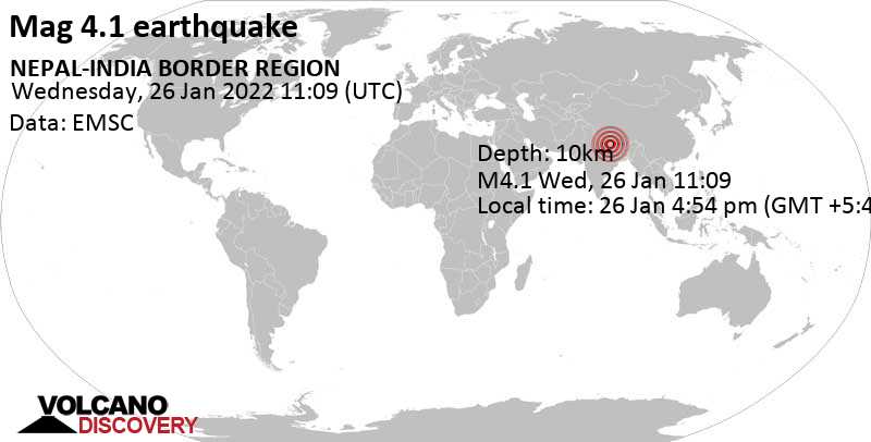 Moderate mag. 4.1 earthquake - Gandaki Pradesh, 77 km west of Kathmandu, Bagmati Province, Nepal, on Wednesday, Jan 26, 2022 at 4:54 pm (GMT +5:45)