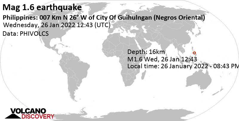 Sehr schwaches Beben Stärke 1.6 - Central Visayas, Philippinen, am Mittwoch, 26. Jan 2022 um 20:43 Lokalzeit