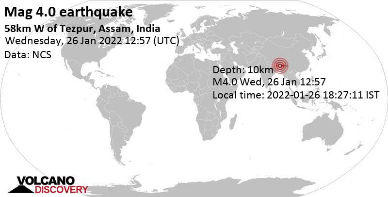 Μέτριος σεισμός μεγέθους 4.0 - Ασσάμ, Ινδία, Τετάρτη, 26 Ιαν 2022 18:27 (GMT +5:30)