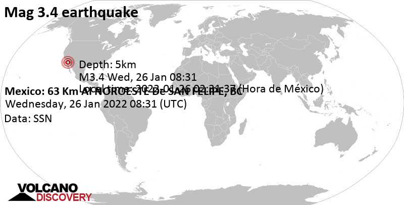 Ελαφρύς σεισμός μεγέθους 3.4 - Baja California, Μεξικό, Τετάρτη, 26 Ιαν 2022 00:31 (GMT -8)