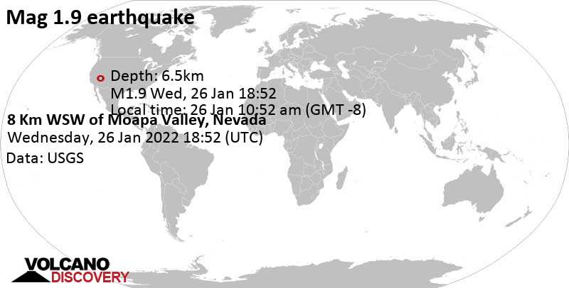 Незначительное землетрясение маг. 1.9 - 8 Km WSW of Moapa Valley, Nevada, Среда, 26 янв 2022 10:52 (GMT -8)