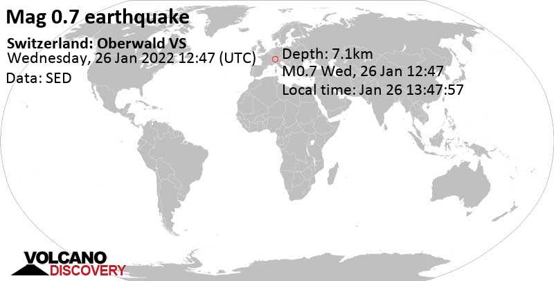 Minor mag. 0.7 earthquake - Switzerland: Oberwald VS on Wednesday, Jan 26, 2022 at 1:47 pm (GMT +1)