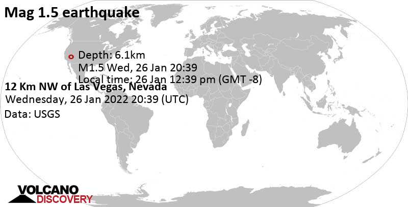Незначительное землетрясение маг. 1.5 - 12 Km NW of Las Vegas, Nevada, Среда, 26 янв 2022 12:39 (GMT -8)