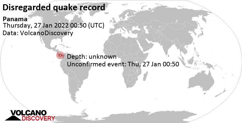 Reported seismic-like event (likely no quake): Provincia de Veraguas, 186 km southwest of Panama, Wednesday, Jan 26, 2022 at 7:50 pm (GMT -5)
