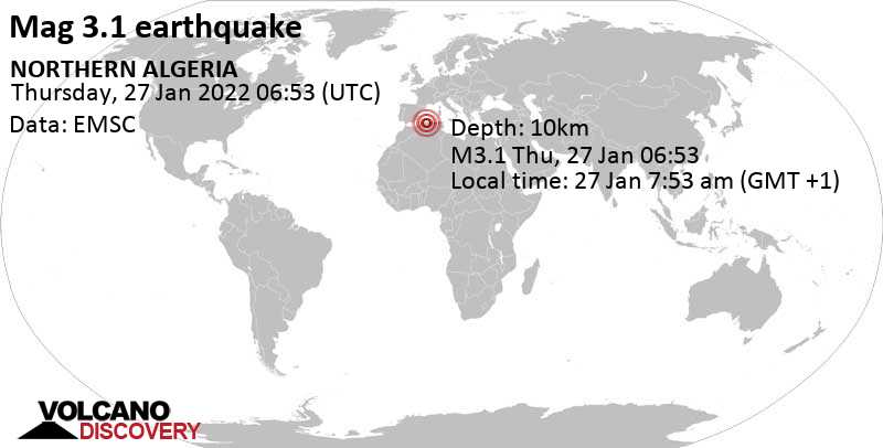 Слабое землетрясение маг. 3.1 - Blida, 35 km к югу от Алжир, Alger, Алжир, Четверг, 27 янв 2022 07:53 (GMT +1)
