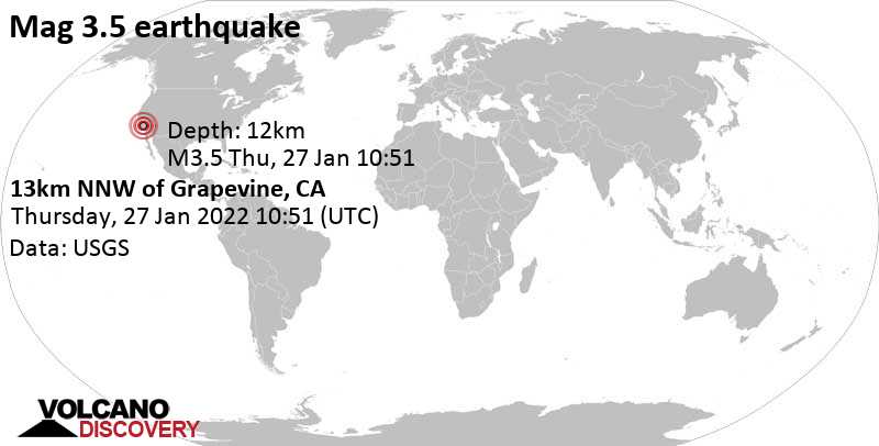 Ελαφρύς σεισμός μεγέθους 3.5 - Καλιφόρνια, Ηνωμένες Πολιτείες, Πέμπτη, 27 Ιαν 2022 02:51 (GMT -8)