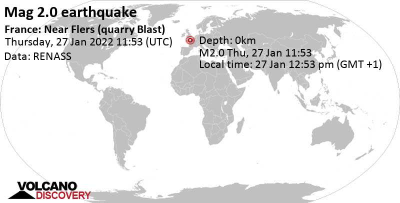 Weak mag. 2.0 earthquake - Normandy, 179 km west of Paris, Region Ile-de-France, on Thursday, Jan 27, 2022 at 12:53 pm (GMT +1)