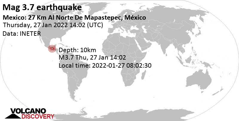 Light mag. 3.7 earthquake - Chiapas, Mexico, on Thursday, Jan 27, 2022 at 8:02 am (GMT -6)