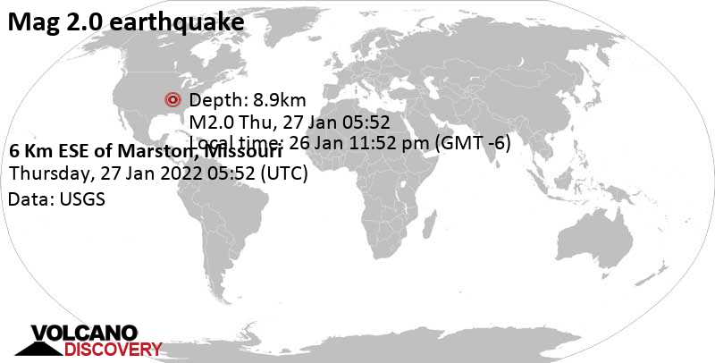 Minor mag. 2.0 earthquake - 6 Km ESE of Marston, Missouri, on Wednesday, Jan 26, 2022 at 11:52 pm (GMT -6)