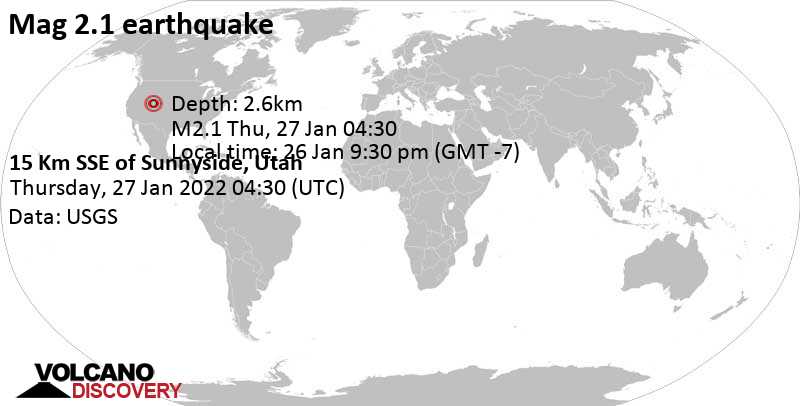 Weak mag. 2.1 earthquake - 15 Km SSE of Sunnyside, Utah, on Wednesday, Jan 26, 2022 at 9:30 pm (GMT -7)