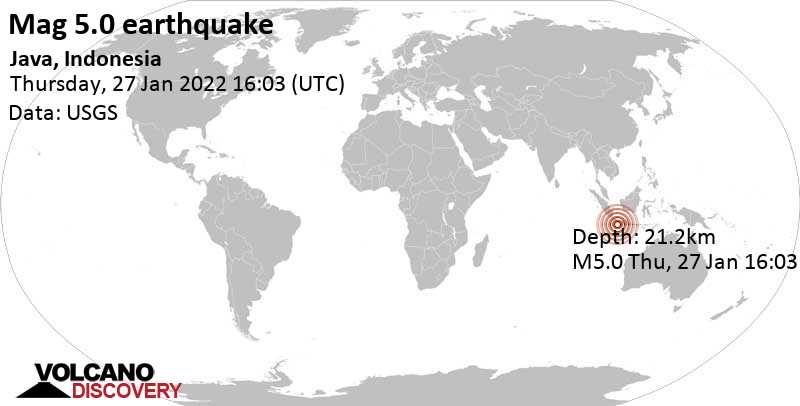 Moderates Erdbeben der Stärke 5.0 - Indischer Ozean, Indonesien, am Donnerstag, 27. Jan 2022 um 23:03 Lokalzeit