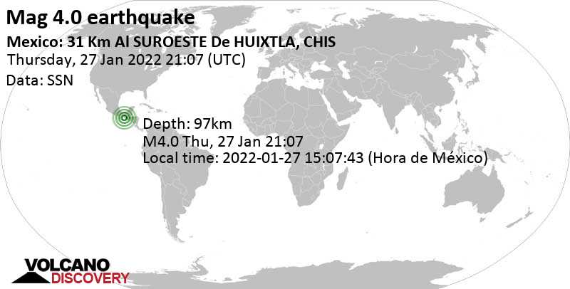 Light mag. 4.0 earthquake - North Pacific Ocean, Mexico, on Thursday, Jan 27, 2022 at 3:07 pm (GMT -6)