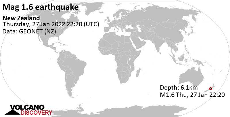 Sehr schwaches Beben Stärke 1.6 - Marlborough, 88 km südwestlich von Wellington, Neuseeland, am Freitag, 28. Jan 2022 um 11:20 Lokalzeit