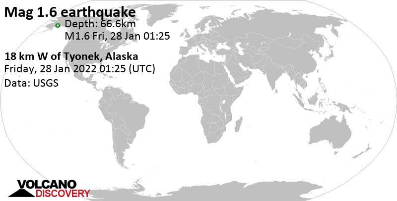 Sehr schwaches Beben Stärke 2.0 - 18 Km WSW of Tyonek, Alaska, am Donnerstag, 27. Jan 2022 um 16:25 Lokalzeit