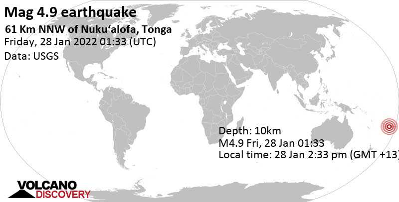 Moderate mag. 4.9 earthquake - South Pacific Ocean, Tonga, on Friday, Jan 28, 2022 at 2:33 pm (GMT +13)