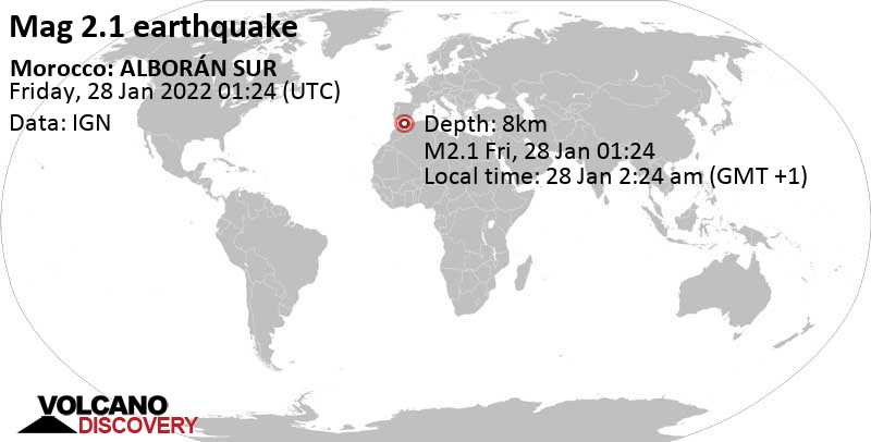 Weak mag. 2.1 earthquake - Alboran Sea, Morocco, on Friday, Jan 28, 2022 at 2:24 am (GMT +1)