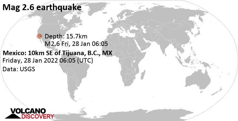 Weak mag. 2.6 earthquake - Baja California, Mexico, on Thursday, Jan 27, 2022 at 10:05 pm (GMT -8)