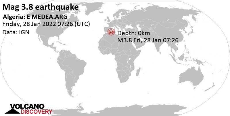 Moderates Erdbeben der Stärke 3.8 - 41 km östlich von Medea, Algerien, am Freitag, 28. Jan 2022 um 08:26 Lokalzeit