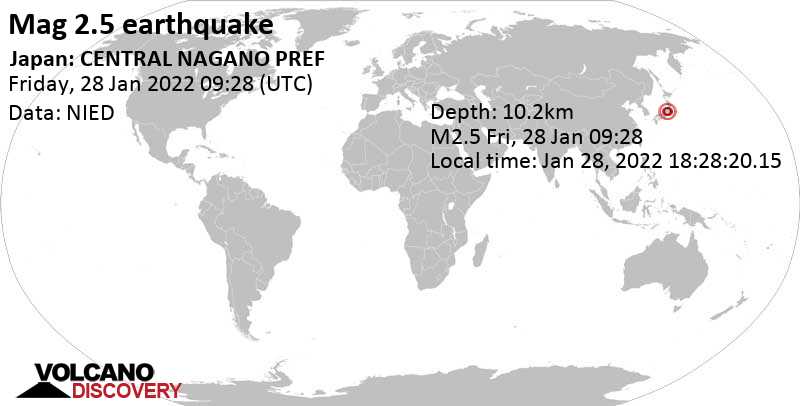 Schwaches Erdbeben Stärke 2.5 - Präfektur Nagano, 30 km nördlich von Honshu , Japan, am Freitag, 28. Jan 2022 um 18:28 Lokalzeit