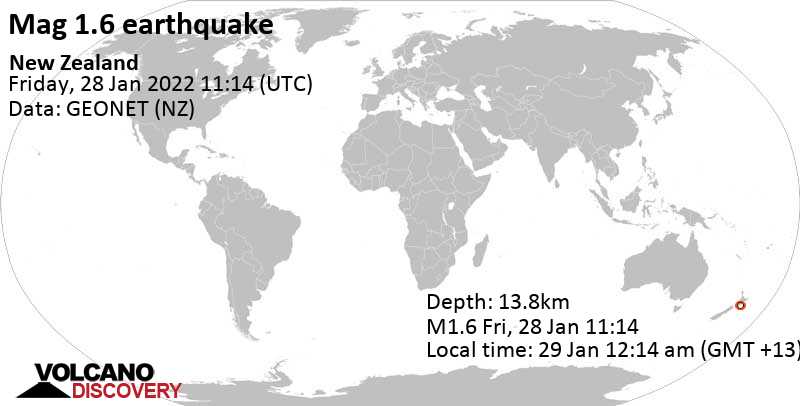 Sehr schwaches Beben Stärke 1.6 - Manawatu-Wanganui, 160 km nordöstlich von Wellington, Neuseeland, am Samstag, 29. Jan 2022 um 00:14 Lokalzeit