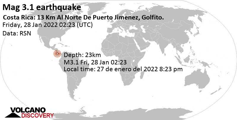 Schwaches Erdbeben Stärke 3.1 - Nordpazifik, 166 km südöstlich von San Jose, San José, Costa Rica, am Donnerstag, 27. Jan 2022 um 20:23 Lokalzeit