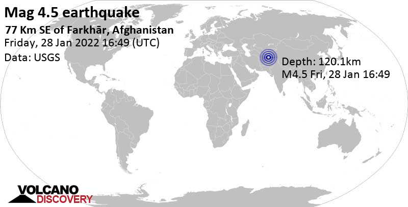 Light mag. 4.5 earthquake - Badakhshan, 210 km northeast of Kabul, Afghanistan, on Friday, Jan 28, 2022 at 9:19 pm (GMT +4:30)