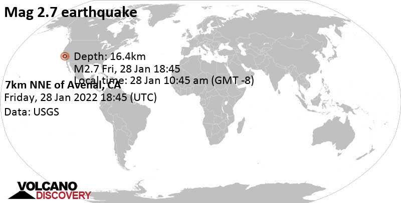 Αδύναμος σεισμός μεγέθους 2.7 - Καλιφόρνια, Ηνωμένες Πολιτείες, Παρασκευή, 28 Ιαν 2022 10:45 (GMT -8)