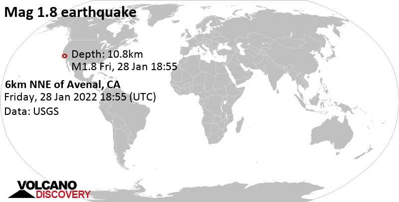 Незначительное землетрясение маг. 1.8 - 6km NNE of Avenal, CA, Пятница, 28 янв 2022 10:55 (GMT -8)