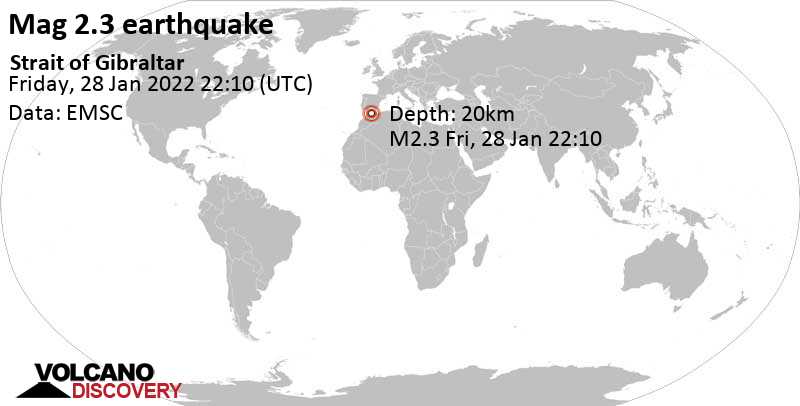Minor mag. 2.3 earthquake - Alboran Sea, Morocco, on Friday, Jan 28, 2022 at 11:10 pm (GMT +1)