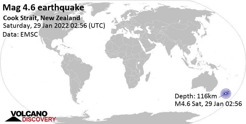 Leichtes Erdbeben der Stärke 4.6 - Tasman Sea, 84 km nordwestlich von Wellington, Neuseeland, am Samstag, 29. Jan 2022 um 15:56 Lokalzeit
