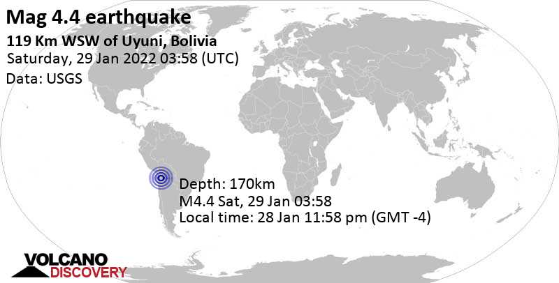 Leichtes Erdbeben der Stärke 4.4 - 119 Km WSW of Uyuni, Bolivia, am Freitag, 28. Jan 2022 um 23:58 Lokalzeit