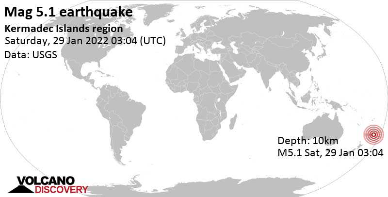 Starkes Beben der Stärke 5.1 - South Pacific Ocean, Neuseeland, am Samstag, 29. Jan 2022 um 16:04 Lokalzeit
