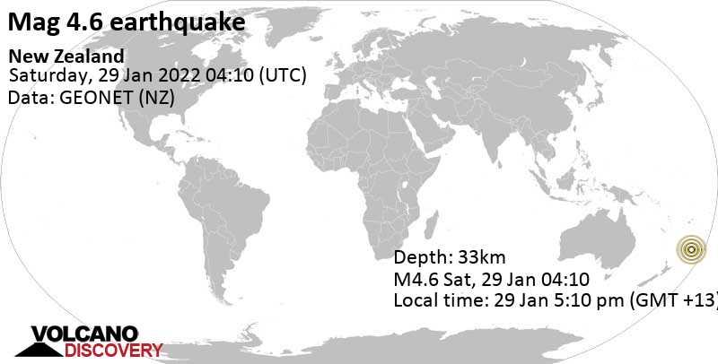 Moderates Erdbeben der Stärke 4.6 - South Pacific Ocean, Neuseeland, am Samstag, 29. Jan 2022 um 17:10 Lokalzeit