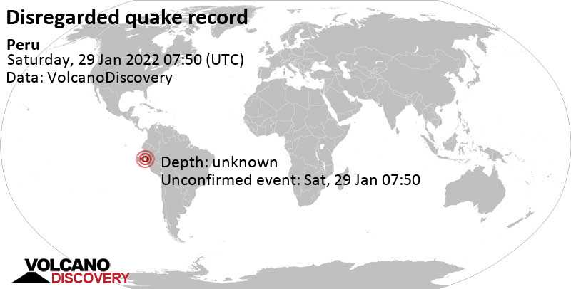 Неизвестное событие (первоначально сообщалось как землетрясение): South Pacific Ocean, Перу, Суббота, 29 янв 2022 02:50 (GMT -5)