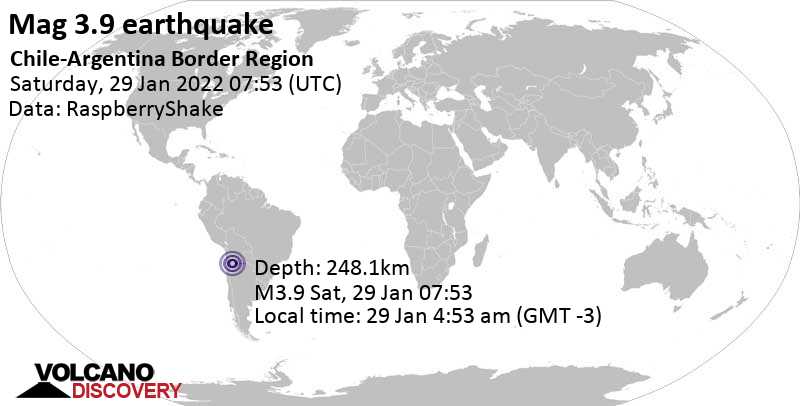 Μικρός σεισμός μεγέθους 3.9 - Antofagasta, Αργεντινή, Σάββατο, 29 Ιαν 2022 04:53 (GMT -3)