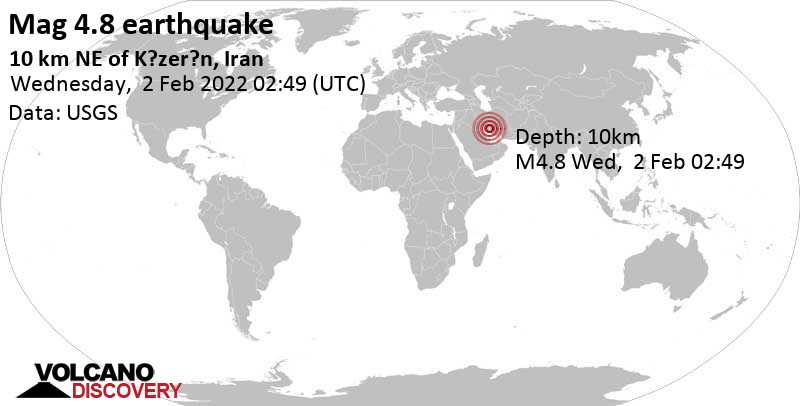 Terremoto moderado mag. 4.7 - 8.2 km NE of Kāzerūn, Fars, Iran, miércoles,  2 feb 2022 06:19 (GMT +3:30)