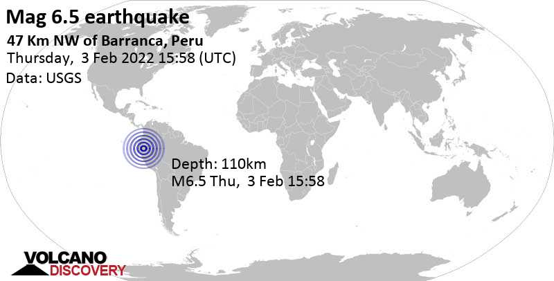 Strong mag. 6.5 earthquake - 48 km northwest of Barranca, Datem del Marañon, Loreto, Peru, on Thursday, Feb 3, 2022 at 10:58 am (GMT -5)