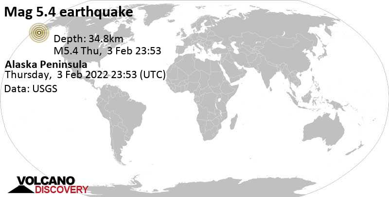 Сильное землетрясение магнитудой 5.4 - 98 km к юго-востоку от King Cove, Восточные Алеутские острова, Аляска, Соединенные Штаты, Четверг,  3 фев 2022 12:53 (GMT -11)
