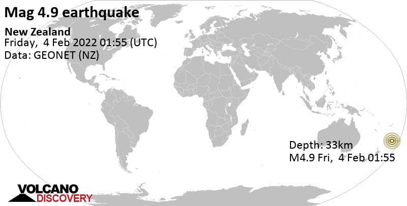 Moderates Erdbeben der Stärke 4.9 - South Pacific Ocean, Neuseeland, am Donnerstag,  3. Feb 2022 um 13:55 Lokalzeit