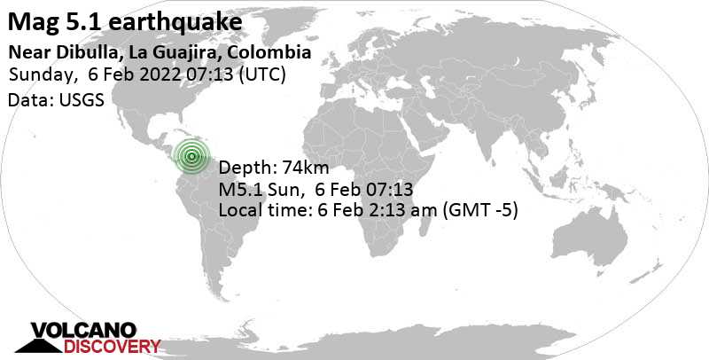 Μέτριος σεισμός μεγέθους 5.1 - 15 km βορειοανατολικά από Valledupar, Κολομβία, Κυριακή,  6 Φεβ 2022 02:13 (GMT -5)