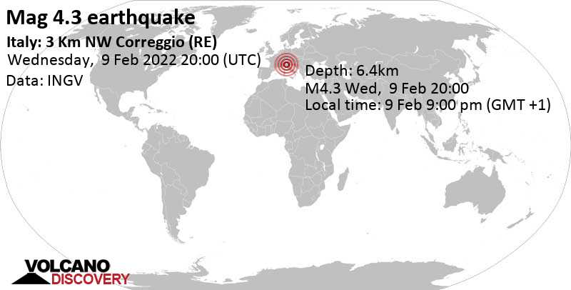 Moderates Erdbeben der Stärke 4.3 - 14 km nordöstlich von Reggio nell\'Emilia, Italien, am Mittwoch,  9. Feb 2022 um 21:00 Lokalzeit