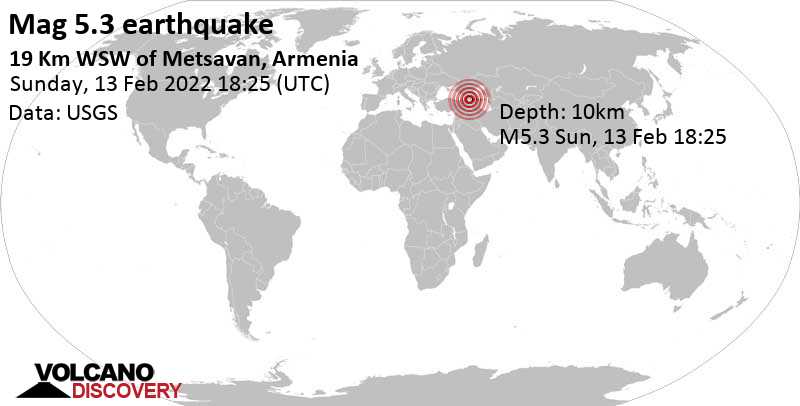 Starkes Beben der Stärke 5.3 - 42 km nördlich von Gjumri, Shirak, Armenien, am Sonntag, 13. Feb 2022 um 22:25 Lokalzeit