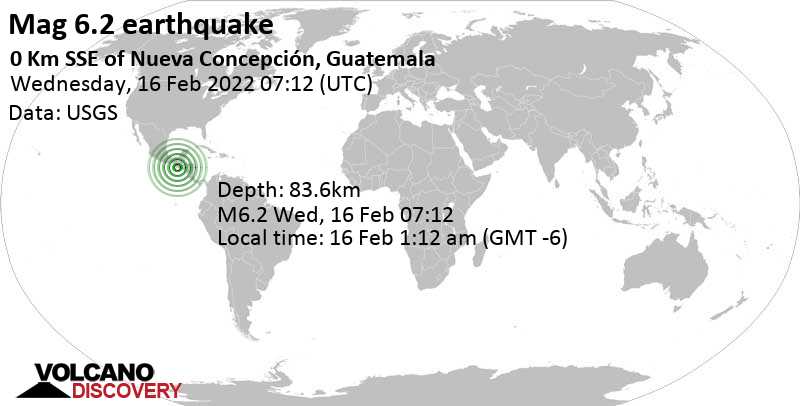 Starkes Beben der Stärke 6.2 - 33 km südwestlich von Santa Lucia Cotzumalguapa, Guatemala, am Mittwoch, 16. Februar 2022, um 01:12 (Guatemala Zeit)