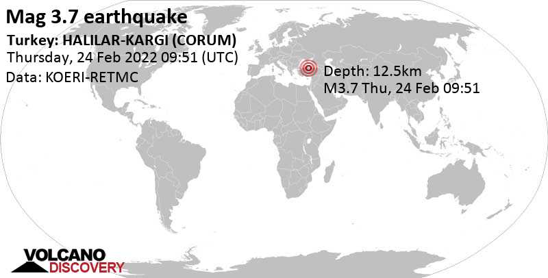 Ελαφρύς σεισμός μεγέθους 3.7 - 36 km βορειοδυτικά από Osmancık, Τουρκία, Πέμπτη, 24 Φεβ 2022 12:51 (GMT +3)