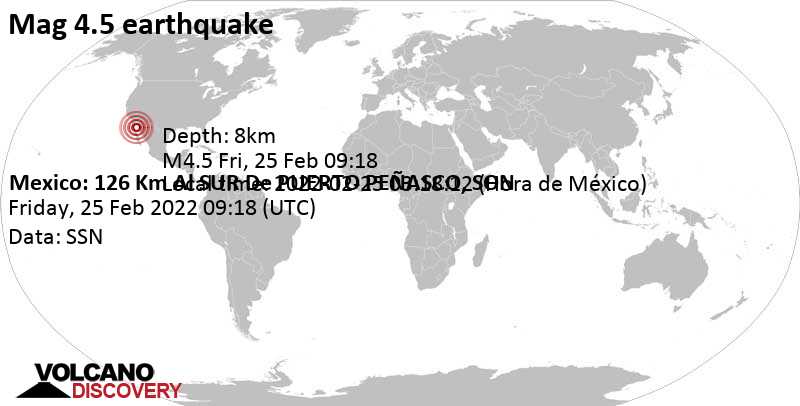 Moderate mag. 4.5 earthquake - 126 km south of Puerto Peñasco, Sonora, Mexico, on Friday, Feb 25, 2022 at 1:18 am (GMT -8)