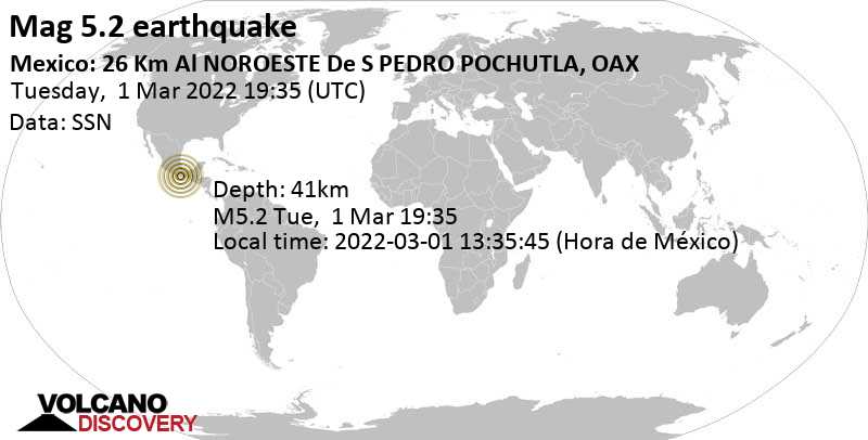 Séisme modéré mag. 5.2 - 44 km au sud de Miahuatlan de Porfirio Diaz, État de Oaxaca, Mexique, mardi,  1 mars 2022 13:35 (GMT -6)